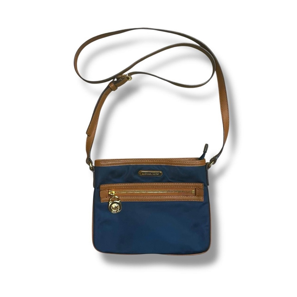 Michael Kors Kempton Small Navy Crossbody with Tan Trim and Gold Hardware